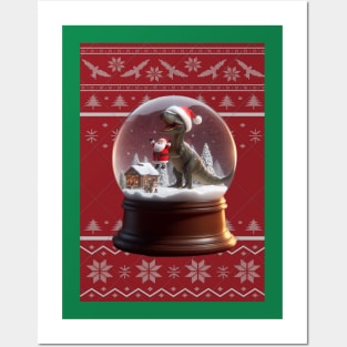 Santa and T-Rex Christmas Snow Globe Ugly Christmas Sweater Posters and Art